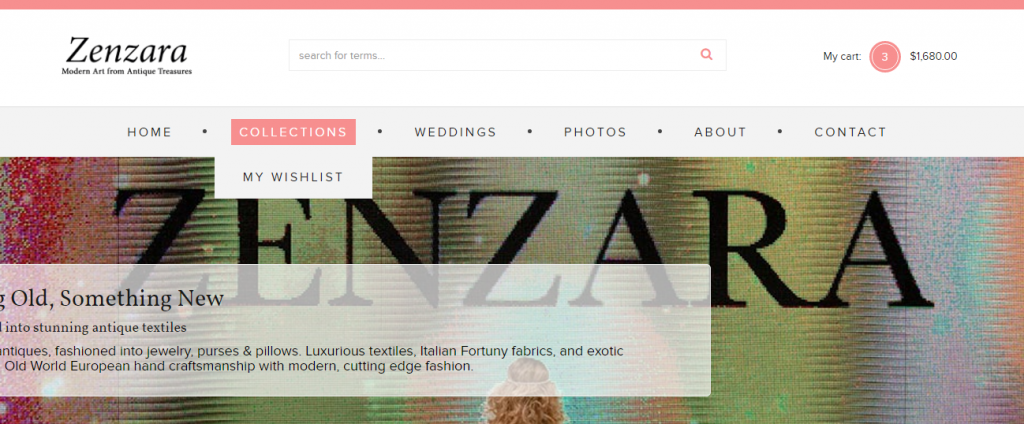 Screenshot of navigation with Collections highlighted and My Wishlist showing in dropdown