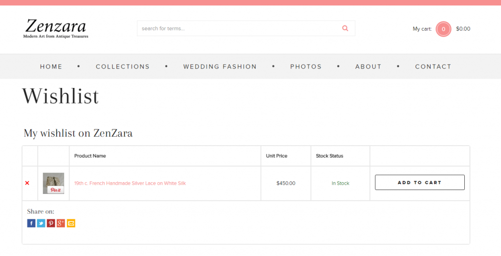 Screenshot of wish list with a few products in it