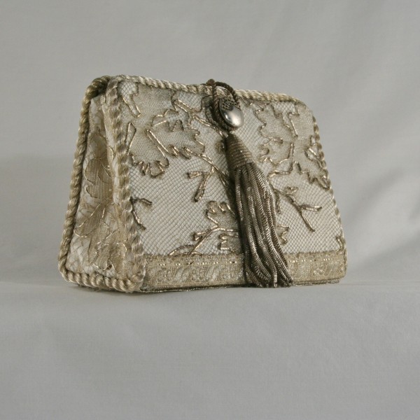 19th c. French Handmade Silver Lace on White Silk