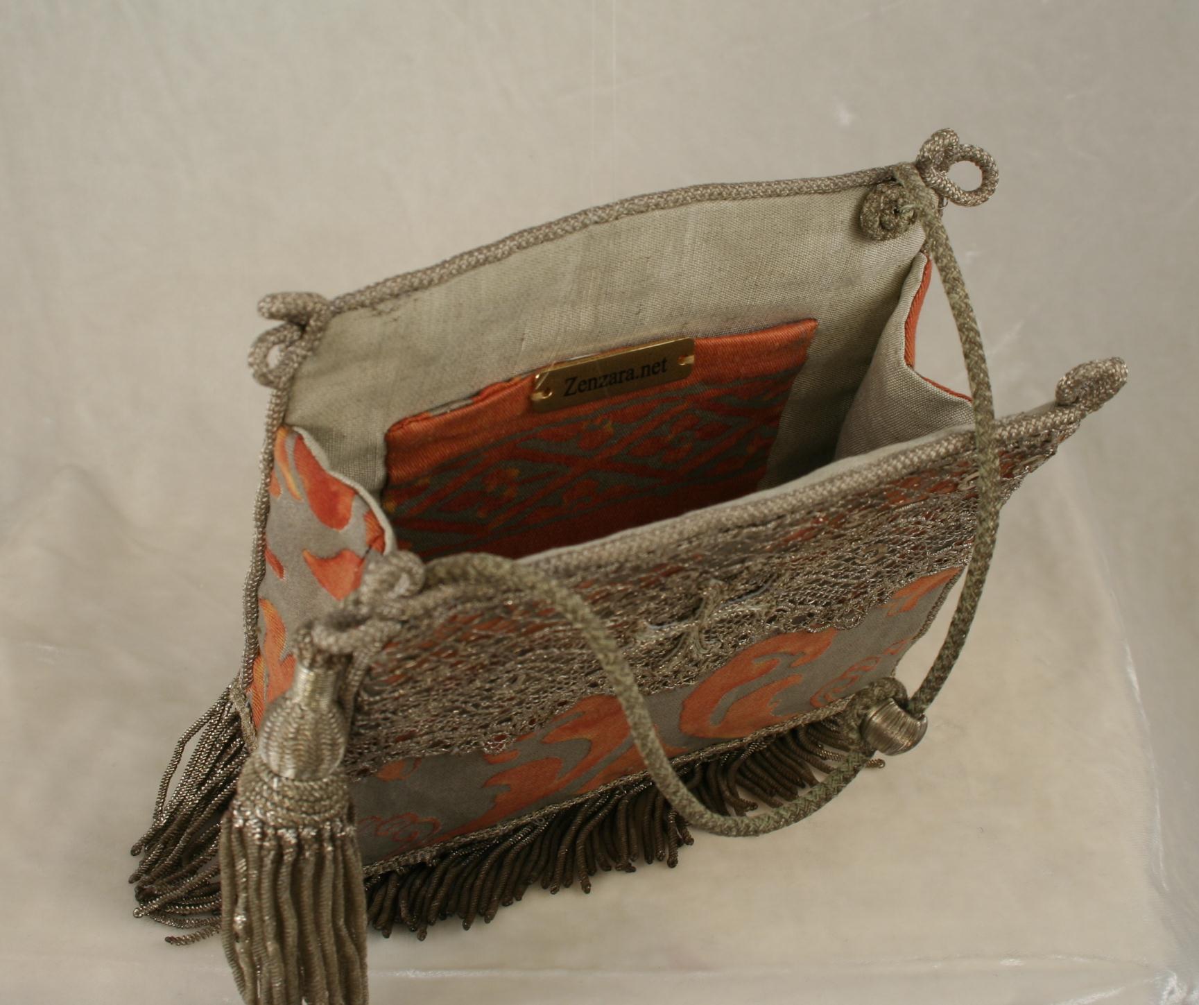 Fortuny Fabric with 19th c. French Handmade Silver Lace - Image 3