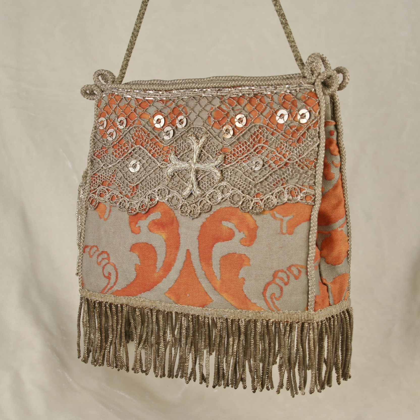 Fortuny Fabric with 19th c. French Handmade Silver Lace - Image 6