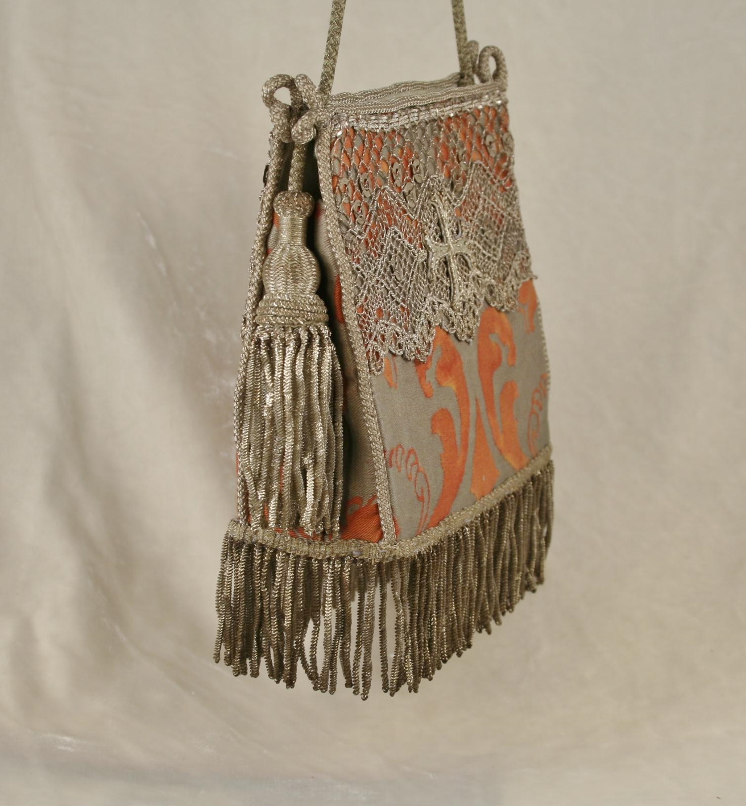 Fortuny Fabric with 19th c. French Handmade Silver Lace - Image 5