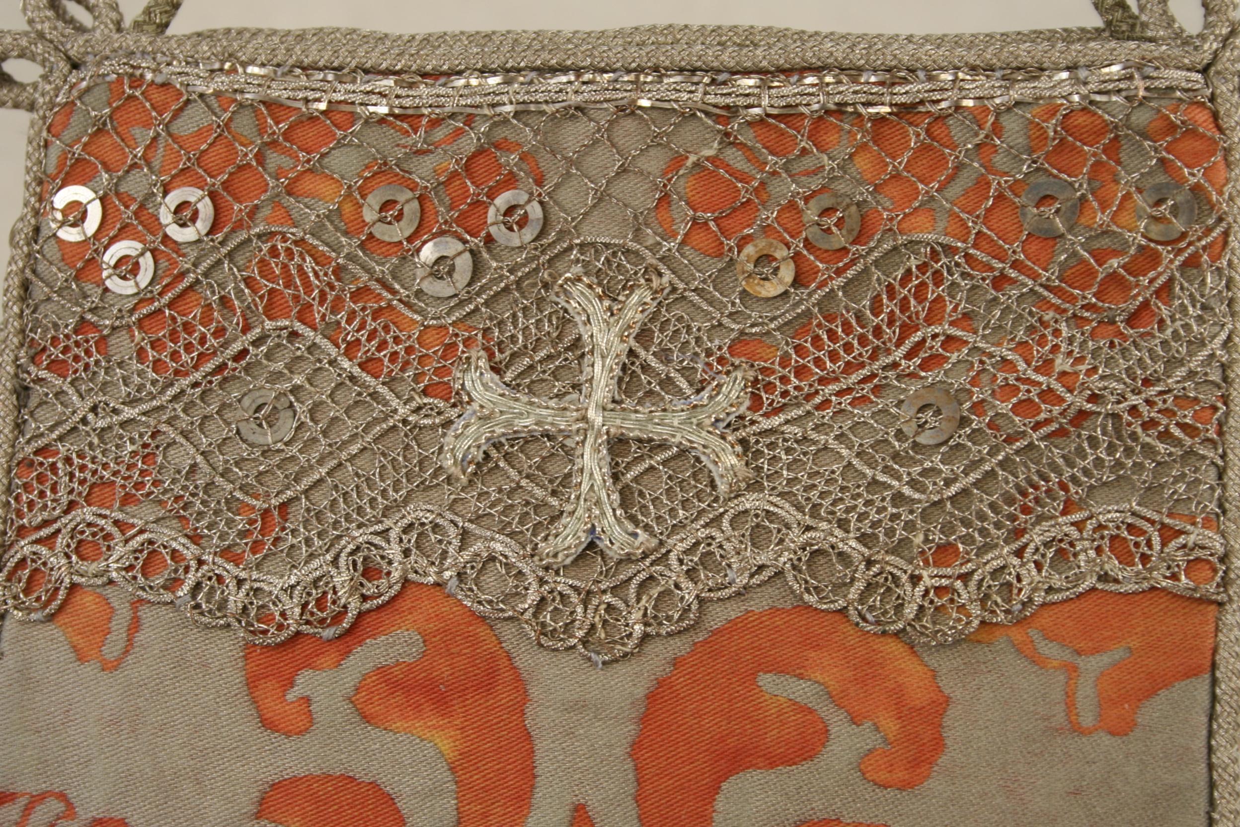 Fortuny Fabric with 19th c. French Handmade Silver Lace - Image 4