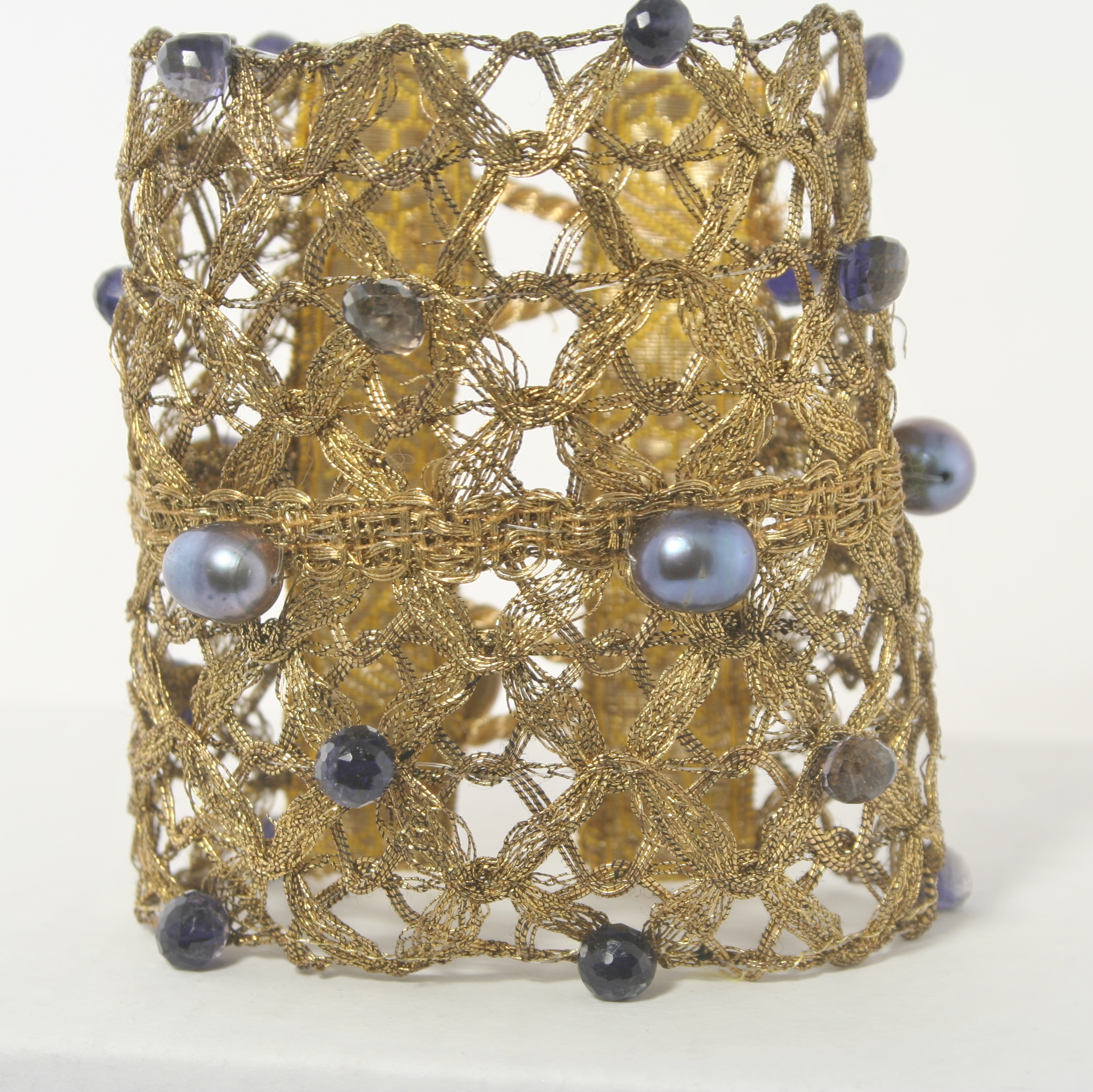 Antique Woven Braid Cuff with Deep Blue Iolite and Pearls - Image 2