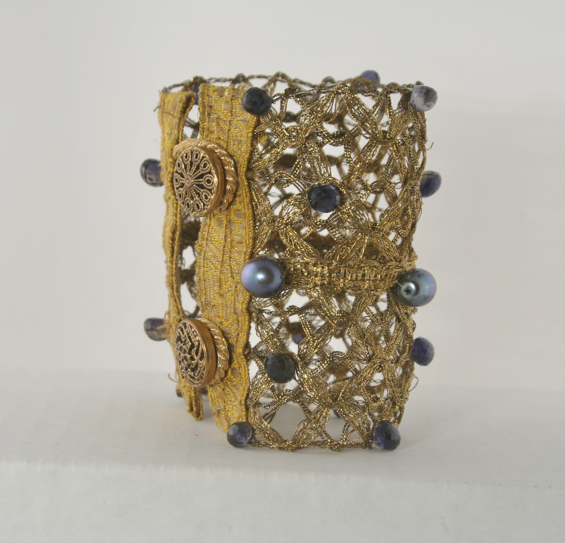 Antique Woven Braid Cuff with Deep Blue Iolite and Pearls - Image 3