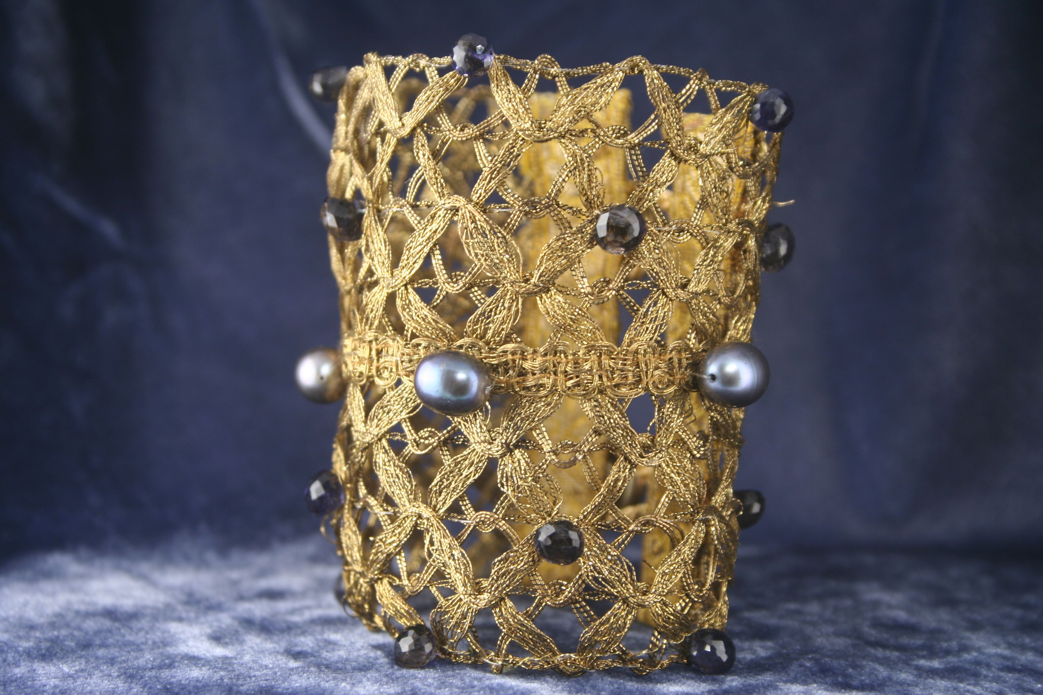 Antique Woven Braid Cuff with Deep Blue Iolite and Pearls