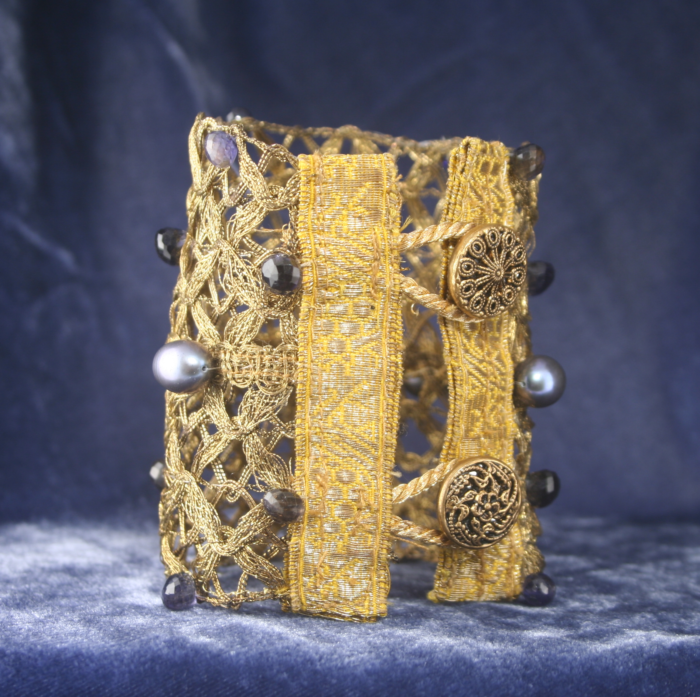 Antique Woven Braid Cuff with Deep Blue Iolite and Pearls - Image 6